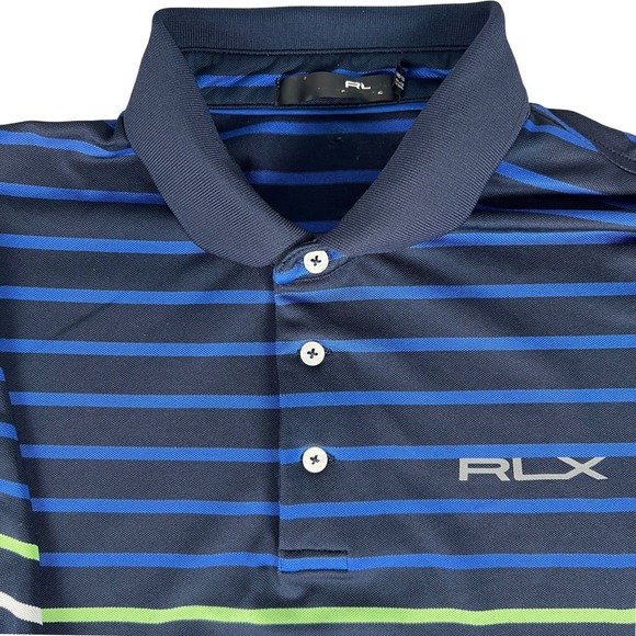 RLX Ralph Lauren Men's L Golf Performance Polo Shirt Striped Blue Green White - Picture 2 of 9